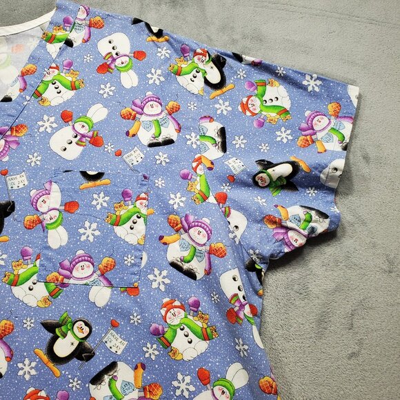 Snowman and Penguin Holiday Graphics V-neck Scrub Top 2 Pockets Blue Wm Sz 3XL - Picture 5 of 10